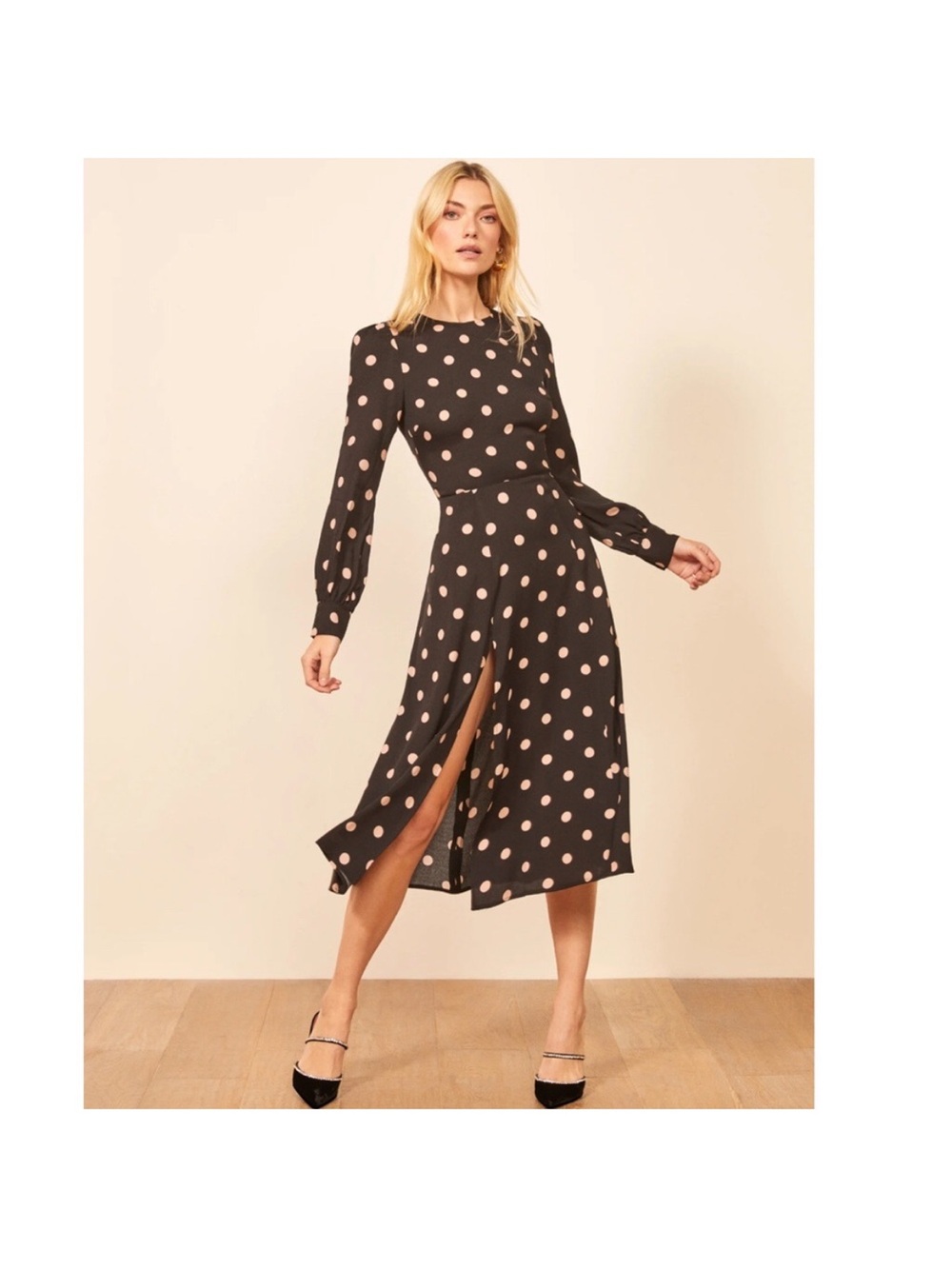 Reformation Creed long Sleeve Black Polka Dot Maxi Dress size 0